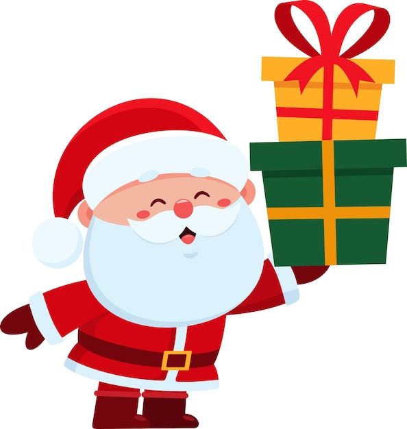 Vector cute santa claus cartoon character holding up gift boxes