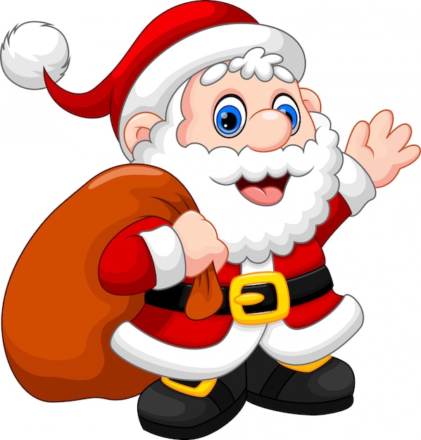 Cute Santa Claus cartoon waving and carrying christmas gift