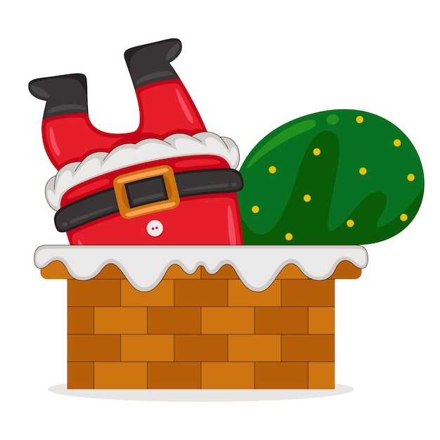 Cute Santa Claus enters through the chimney in cartoon style illustration