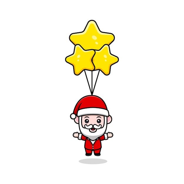 Cute santa claus floating with star balloon cartoon mascot character