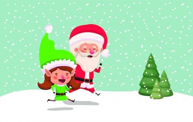 cute santa claus and girl helper in the snowscape