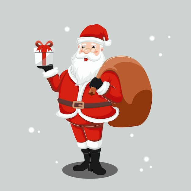 Cute Santa Claus holding a gift box and sack illustration