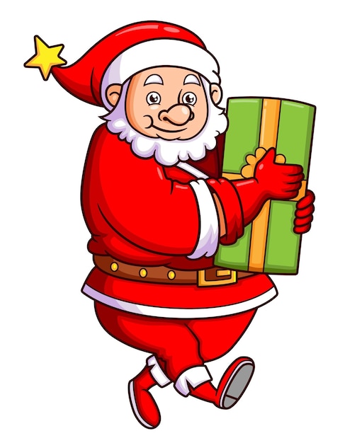 The cute santa claus is holding the big box of gift for the children in the christmas party