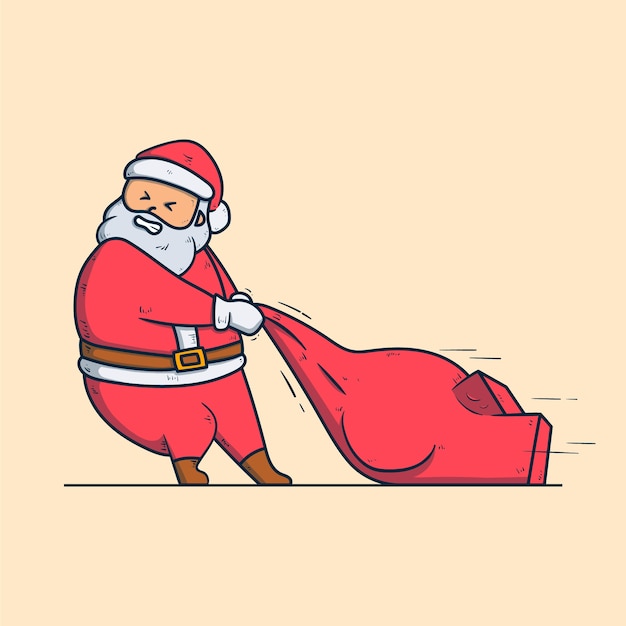 Cute Santa Claus pulls a gift bag. Christmas cartoon character