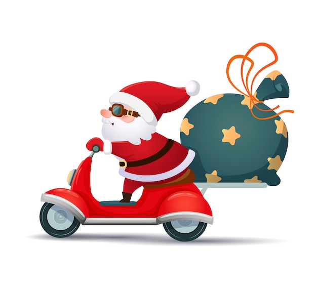 Cute Santa Claus on a scooter with a bag of gifts Christmas banner greeting card Vector