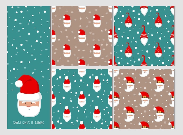 Cute Santa Claus seamless pattern set.