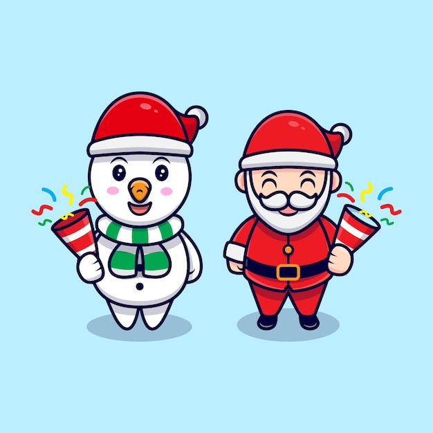 Cute Santa Claus and Snowman Holding Confetti Mascot Cartoon  Illustration.