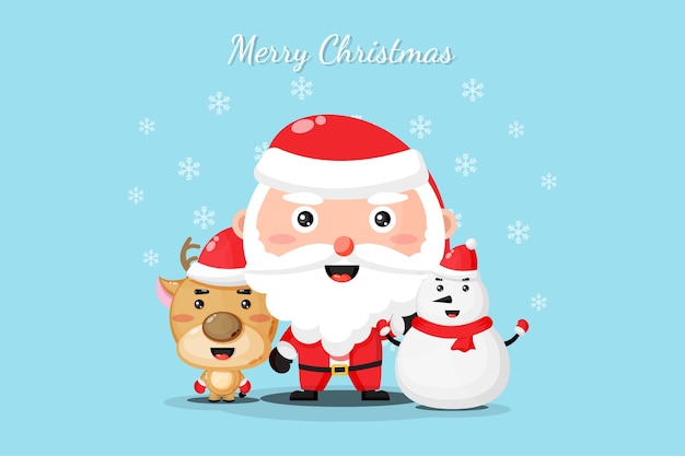 Cute Santa claus, snowman and reindeer wish you a Merry Christmas