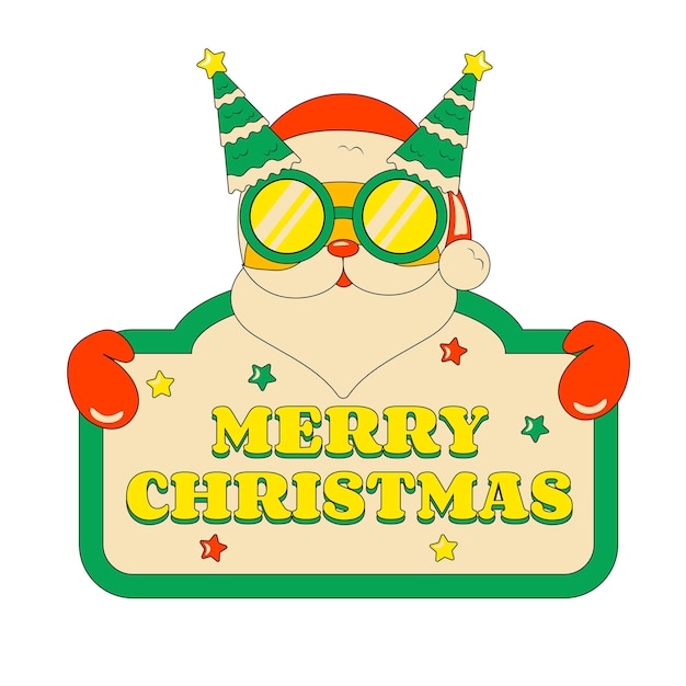 Cute Santa Claus in Sunglasses with Christmas Tree Holding Sign Merry Christmas Greeting Decorative Element in Retro Groove Style