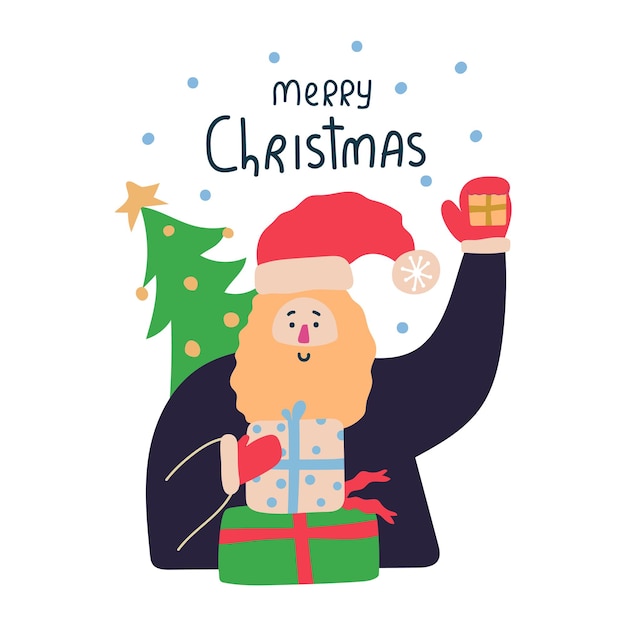 Cute Santa claus with Christmas tree and gift boxes and text Merry Christmas