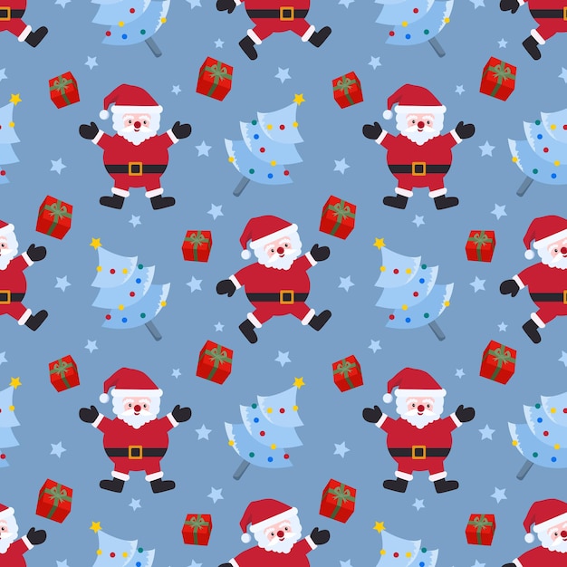 Cute Santa Claus with Christmas tree and gift seamless pattern.