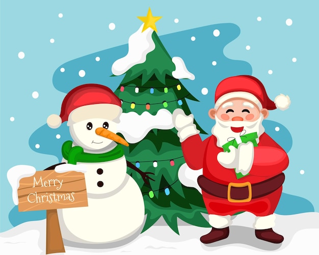 Cute santa claus with snowman sign and christmas tree in winter background flat illustration