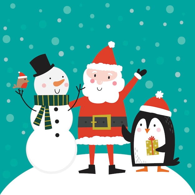 Cute Santa clause, snowman and penguin