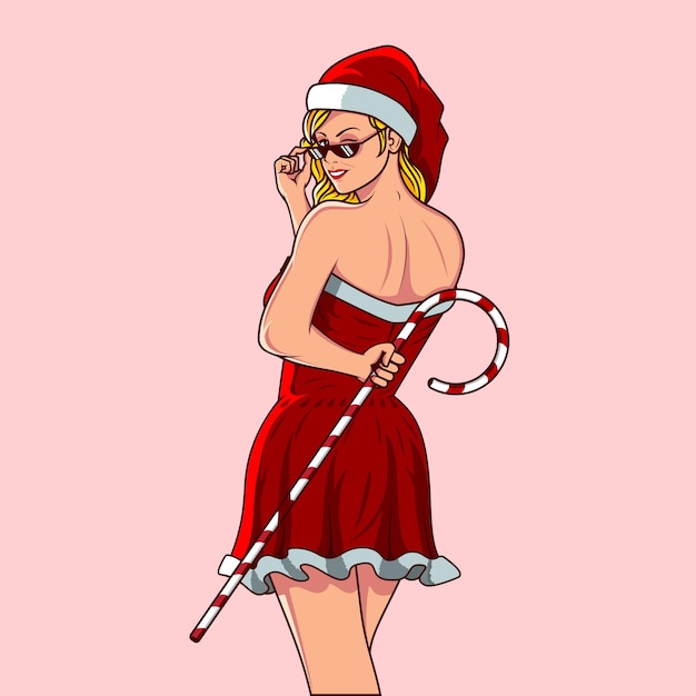 Cute Santa Girl holding stick candy xmas dress version