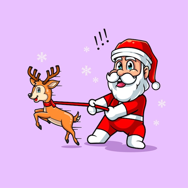 cute santa pulling leash on deer vector illustartion