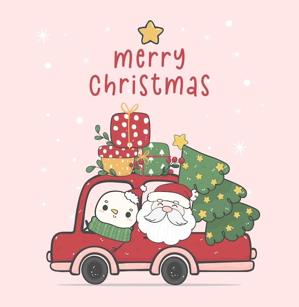 Cute Santa and snowman in Christmas red car with gift boxes on the roof cartoon doodle hand drawn vector