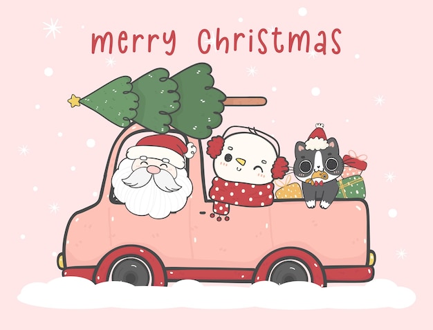 Cute Santa and snowman with cat in Christmas pink car with Christmas pine tree on the roof cartoon doodle hand drawn vector