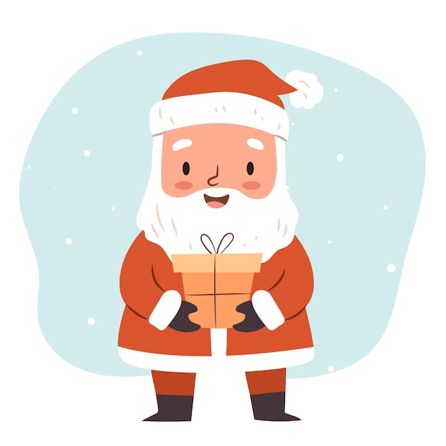 Cute Santa with a present. Flat vector character for Merry Christmas postcard, greeting card design.