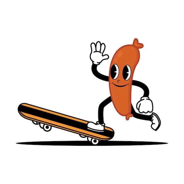 Cute sausage mascot character playing skateboard Doodle vintage style illustration concept