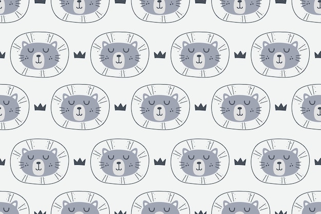 Cute Scandinavian Head Lion Seamless Pattern Background Vector