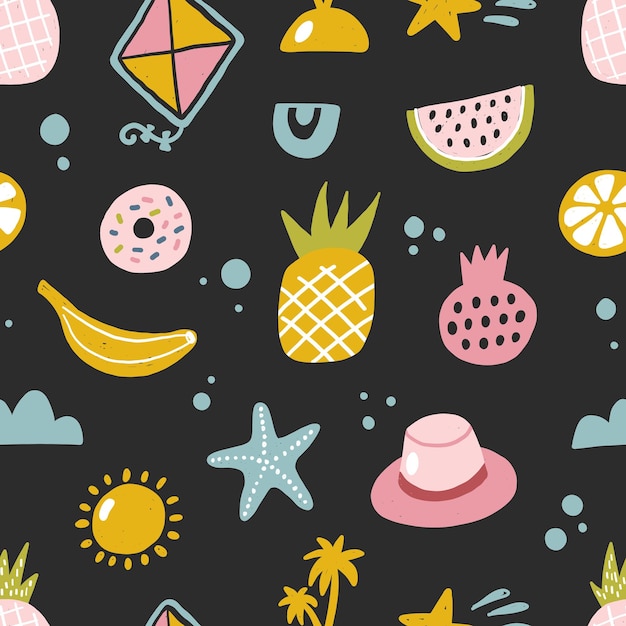 Cute scandinavian seamless pattern including funny doodle decorative hand drawn elements