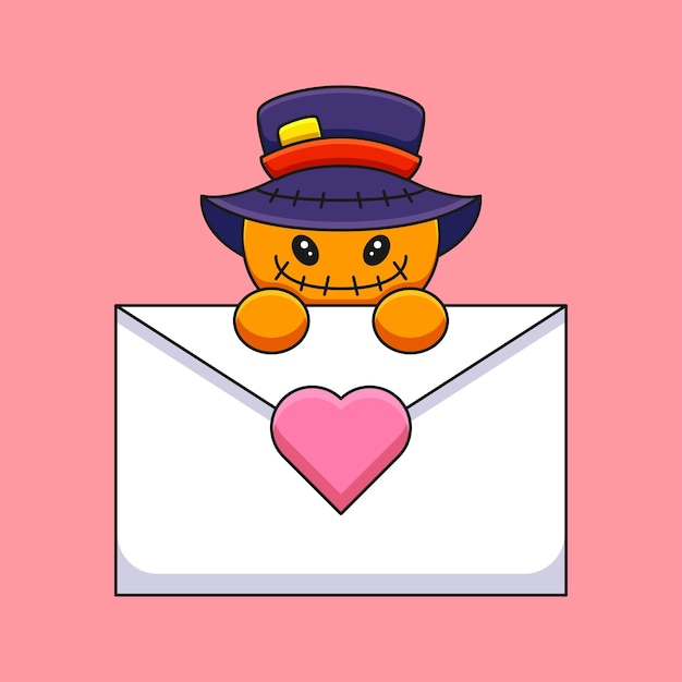 Cute scarecrow holding a love letter cartoon mascot doodle art hand drawn outline concept vector kawaii icon illustration