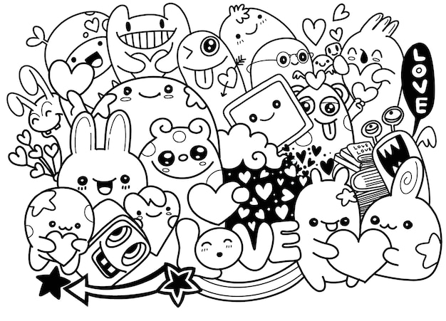 Cute Scary Halloween Monsters and Candy ,Hand drawn line art cartoon vector illustration