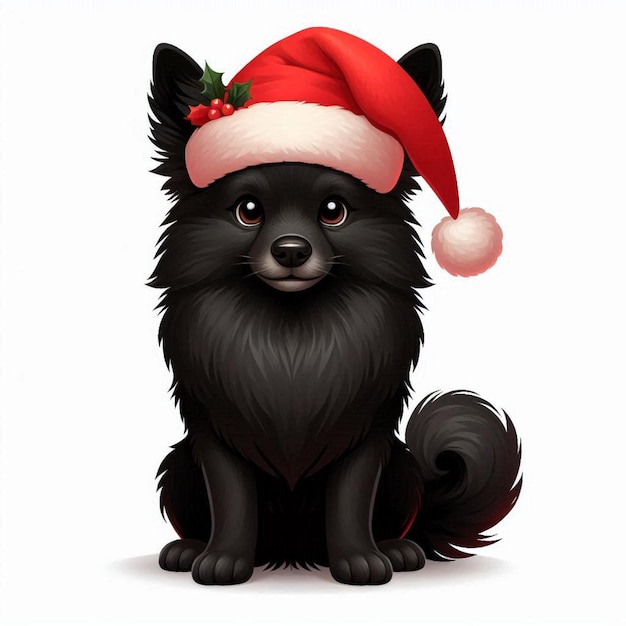 Cute Schipperke Dog Christmas Santa Hat Vector Cartoon illustration white background