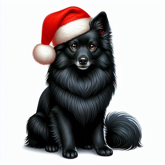 Cute Schipperke Dog Christmas Santa Hat Vector Cartoon illustration white background