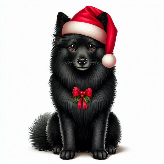 Cute Schipperke Dog Christmas Santa Hat Vector Cartoon illustration white background