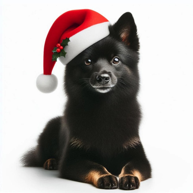 Vector cute schipperke dog christmas santa hat vector cartoon illustration white background