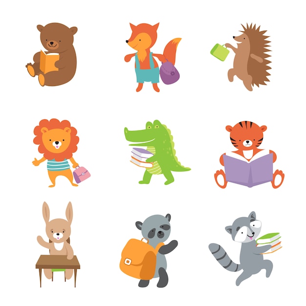 Cute school animals. Bear and fox, lion and crocodile, tiger and panda.