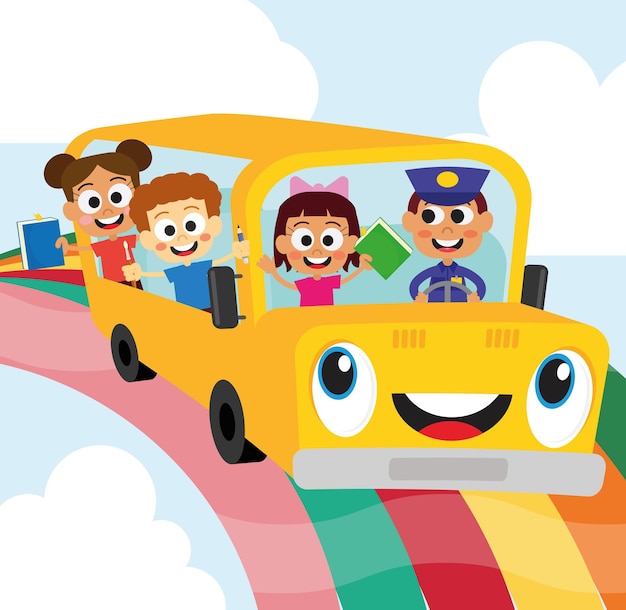 Cute school bus and cute kids