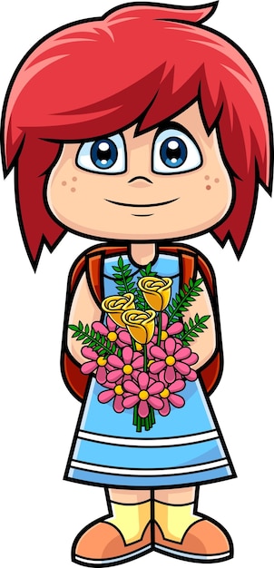 Cute School Girl Cartoon Character With Backpack Carrying A Bouquet Of Flowers