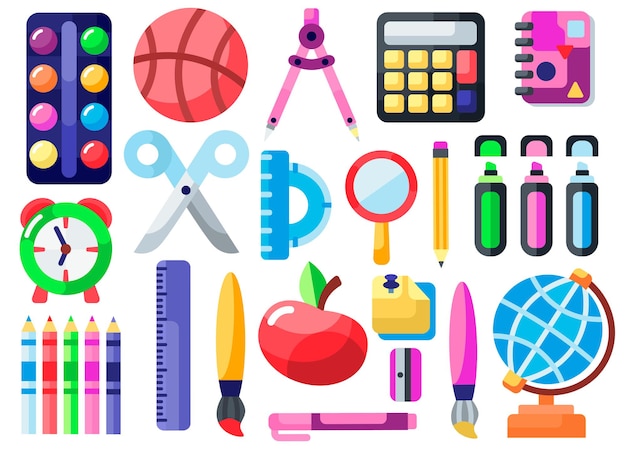 Cute school icons   flat illustration.