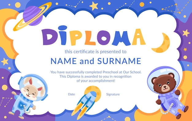 Cute school or preschool diploma certificate for kids with rabbit and bear astronauts in open space