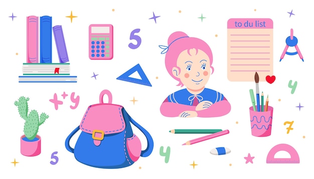 Cute school stationery set with 90s retro vibes cartoon style Student equipment bright pastel color Back to school Trendy vector illustration isolated on white hand drawn flat design