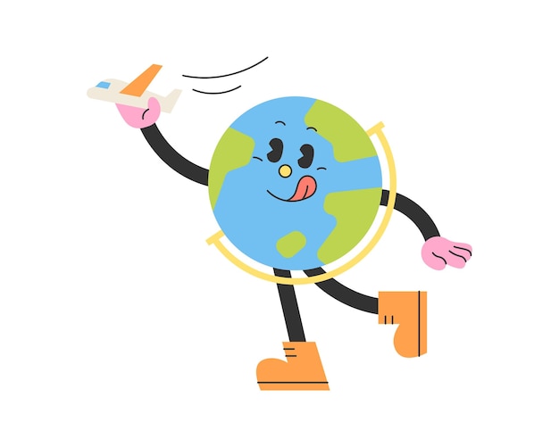 Vector cute school supplies characters the globe is holding a plane and having fun