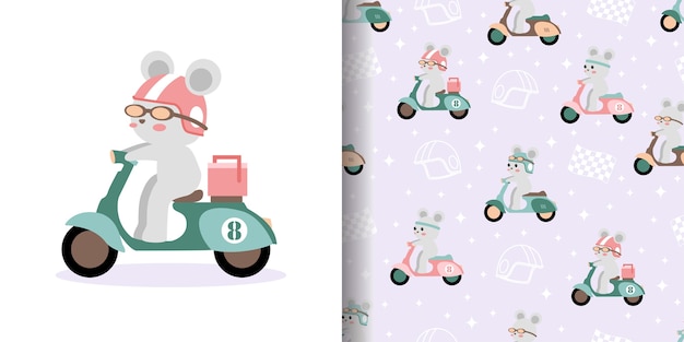 Cute scooter race cartoon seamless pattern print surface design illustration