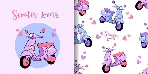 Cute scooters illustration and pattern