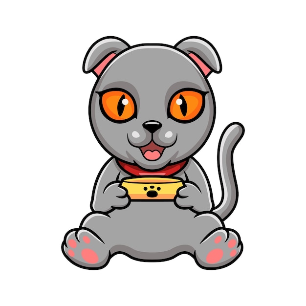 Cute scottish fold cat cartoon holding food bowl