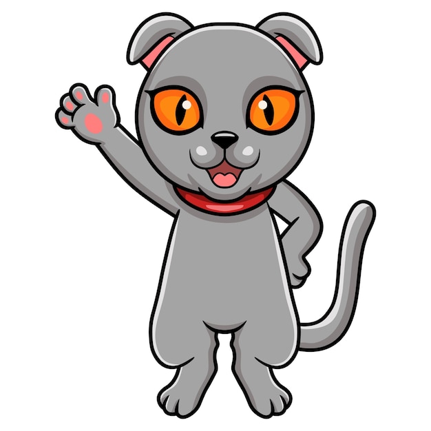 Cute scottish fold cat cartoon waving hand