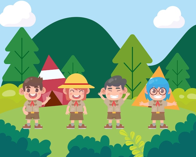 Cute scout boy and scout girl hiking in the forest children have summer outdoor adventure