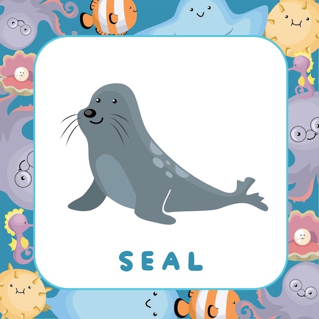 Cute Sea Animal Flashcard for Children. Ready to print. Printable game card. Vector illustration.