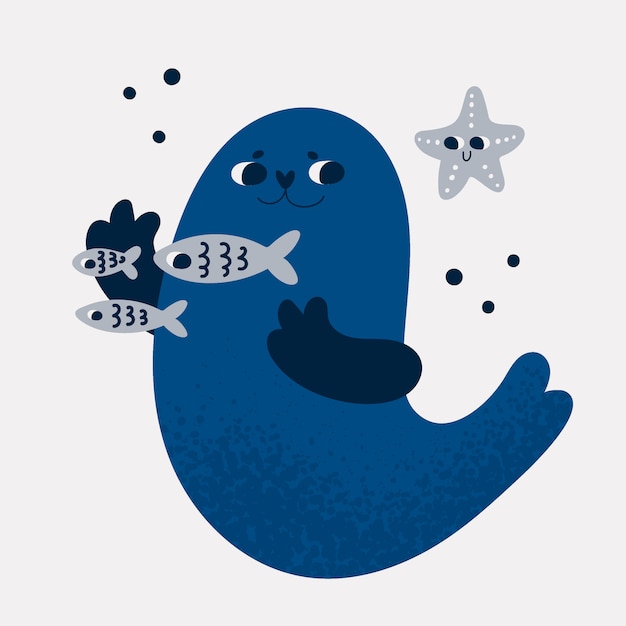 Cute sea animals characters: fur seal, fish, starfish