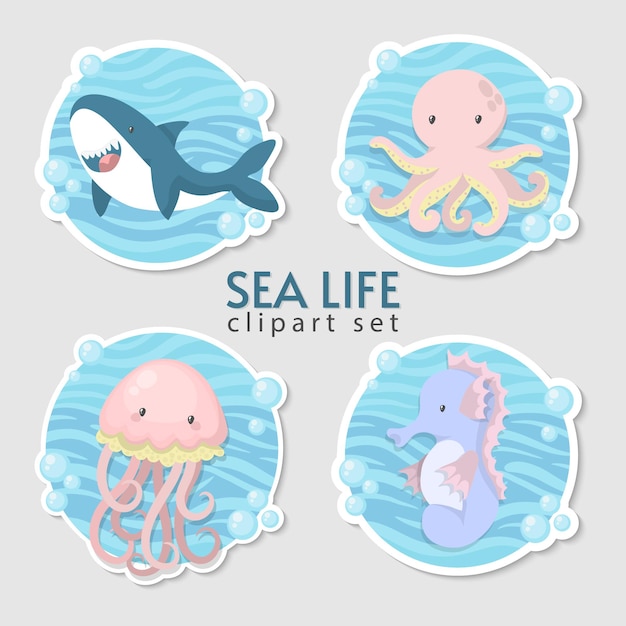 Cute sea animals stickers set.