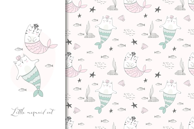 Cute sea cats illustration card and seamless pattern.