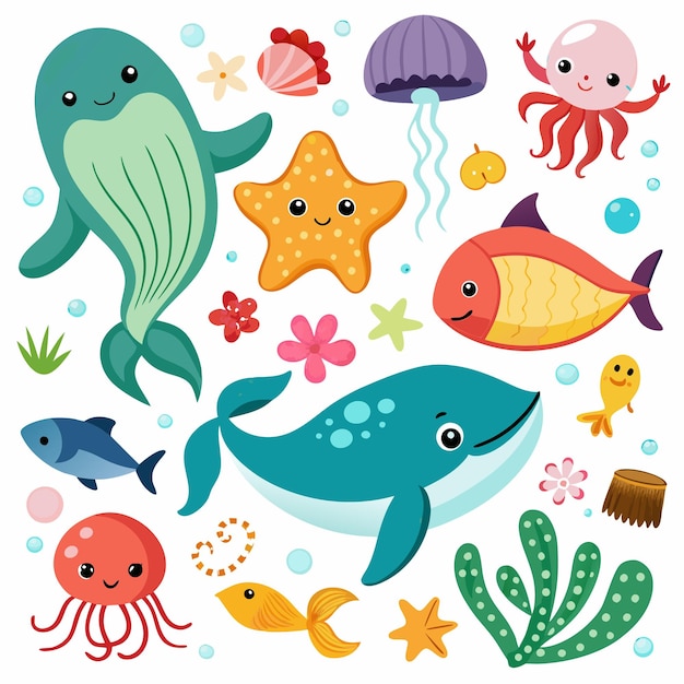 Vector cute sea creatures whales fish jellyfish and more