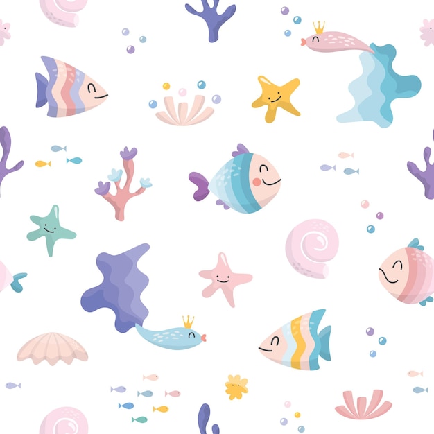 Cute sea fish characters seamless pattern