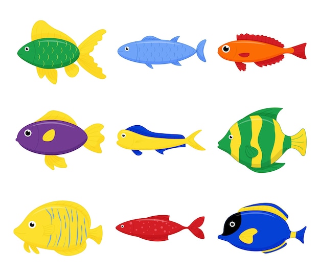 Cute sea fish set Vector cartoon character in ocean Tropical fish